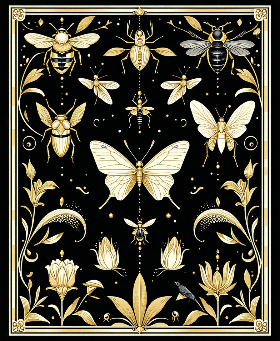 Golden Insects and Floral Art Rug