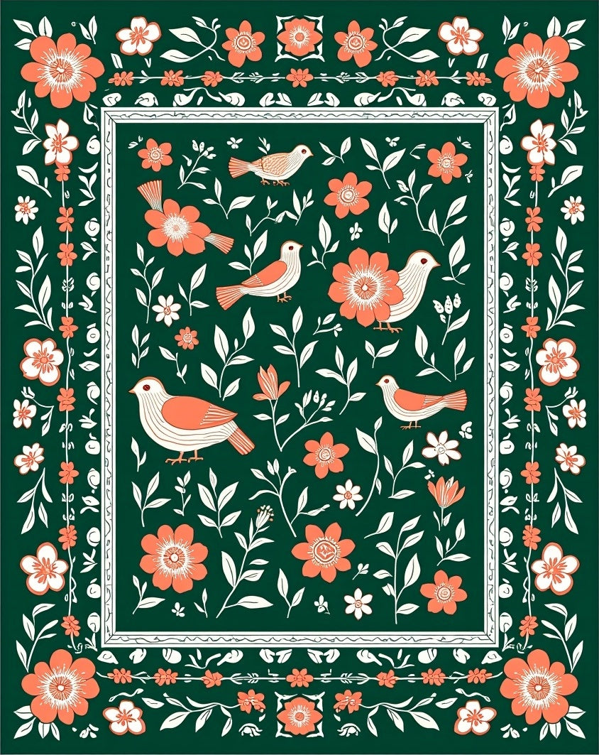 Coral Birds With Botanical Flourish Pattern Rug