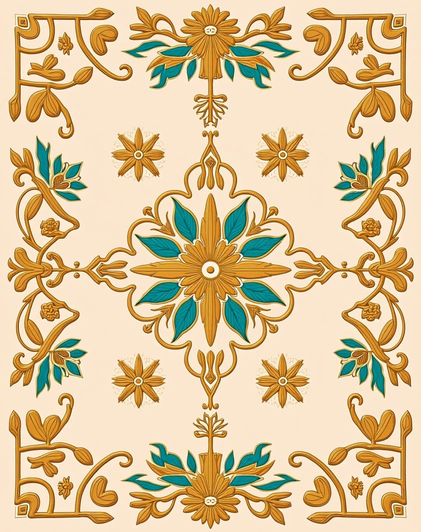 Gold Teal Floral Ornament Pattern Rug