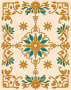 Gold Teal Floral Ornament Pattern Rug
