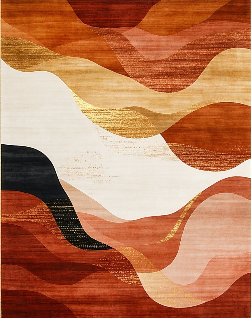 Terracotta Gold Abstract Wave Rug