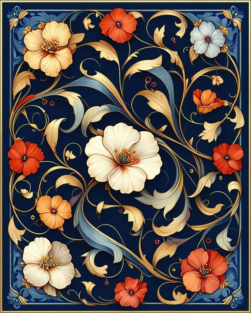 Intricate Floral Scrollwork Dark Blue Rug