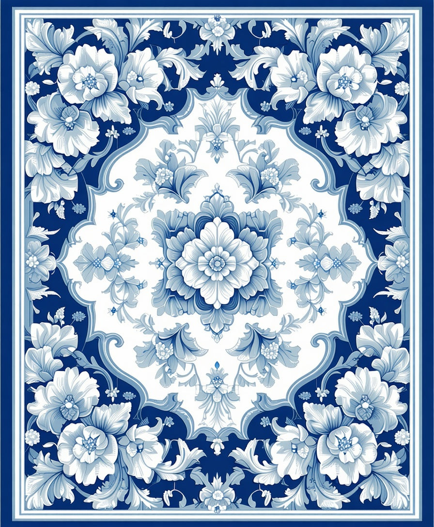 Classic Blue Floral Damask Design Rug