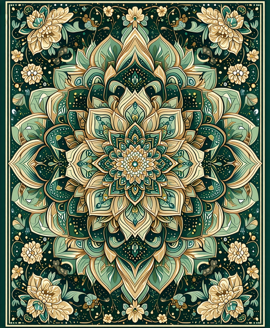 Emerald Gold Floral Mandala Design Rug