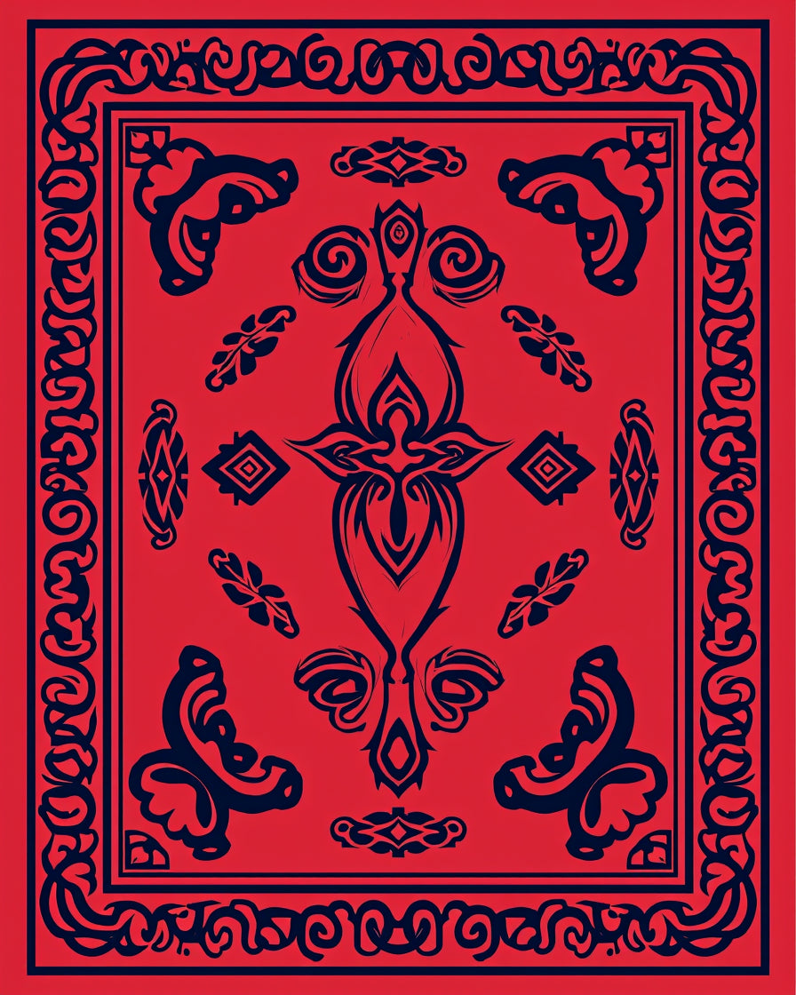 Bold Red Blue Ornamental Symmetry Rug