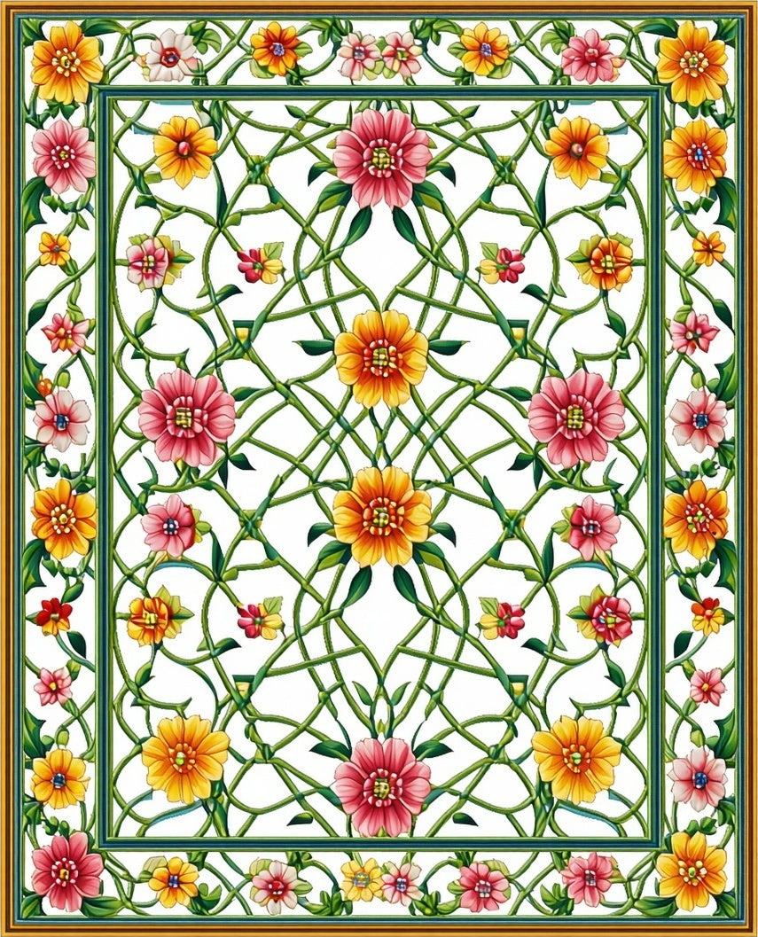 Vibrant Floral Vine Lattice Print Rug