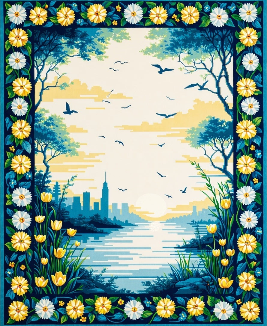 Floral Landscape with Cityscape Border Rug