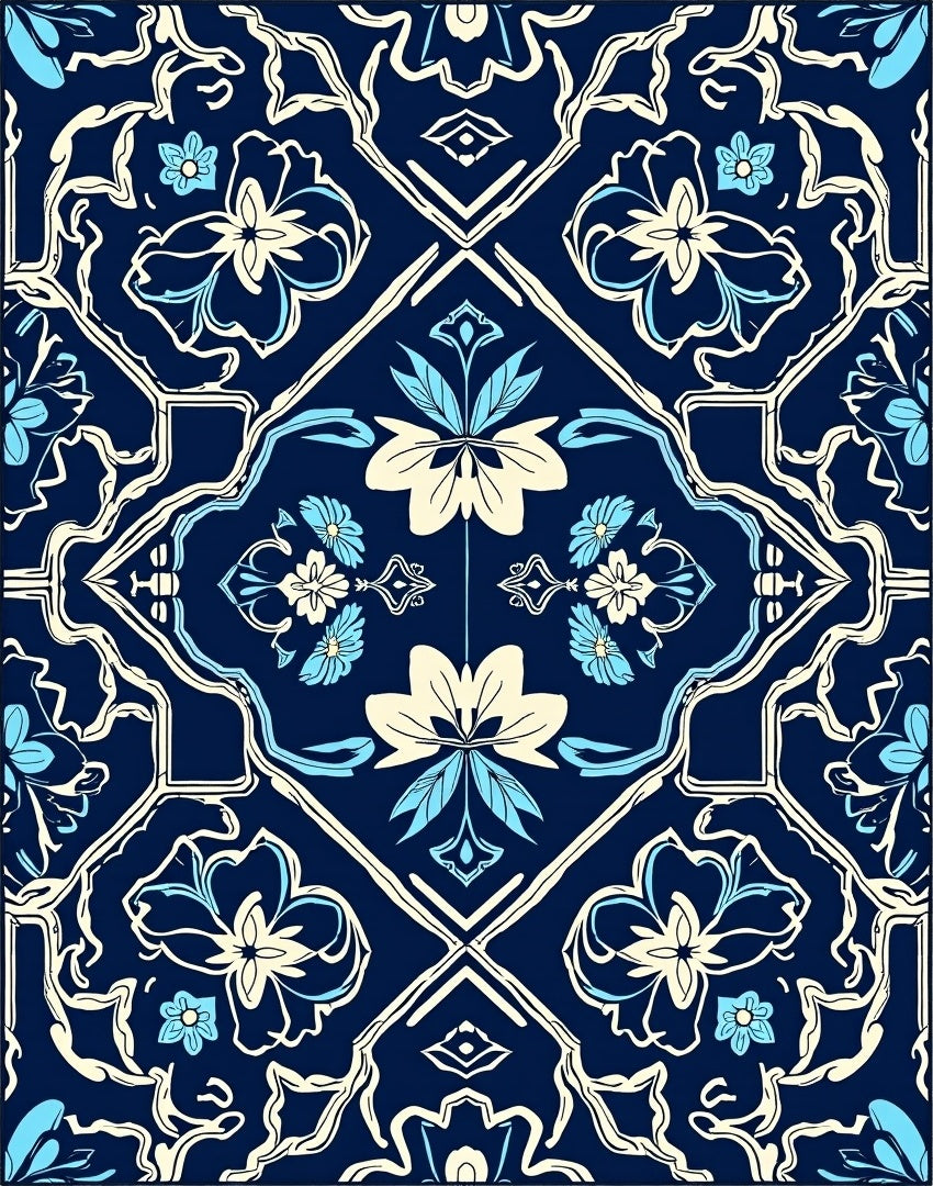 Blue Cream Floral Overlay Pattern Rug
