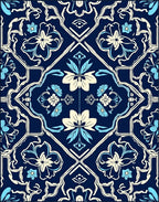 Blue Cream Floral Overlay Pattern Rug