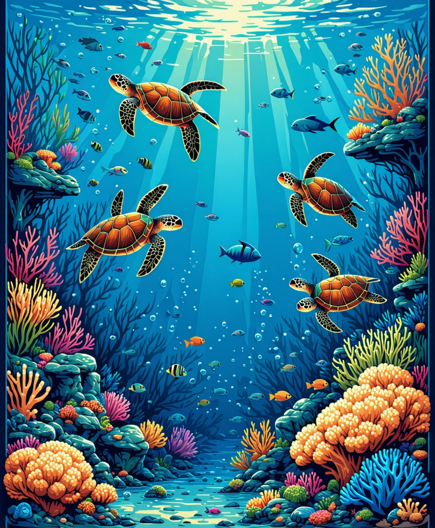 Underwater Scene With Sea Turtles and Coral Rug