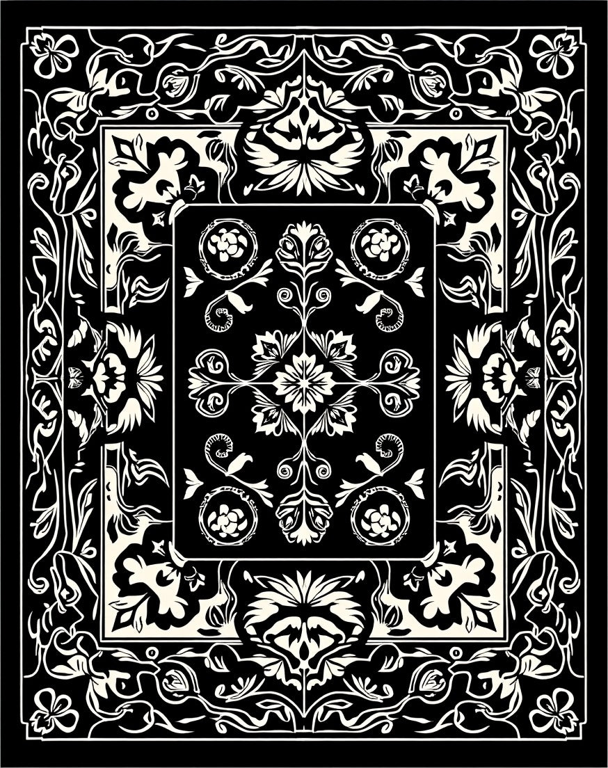 Black White Ornate Floral Scroll Pattern Rug
