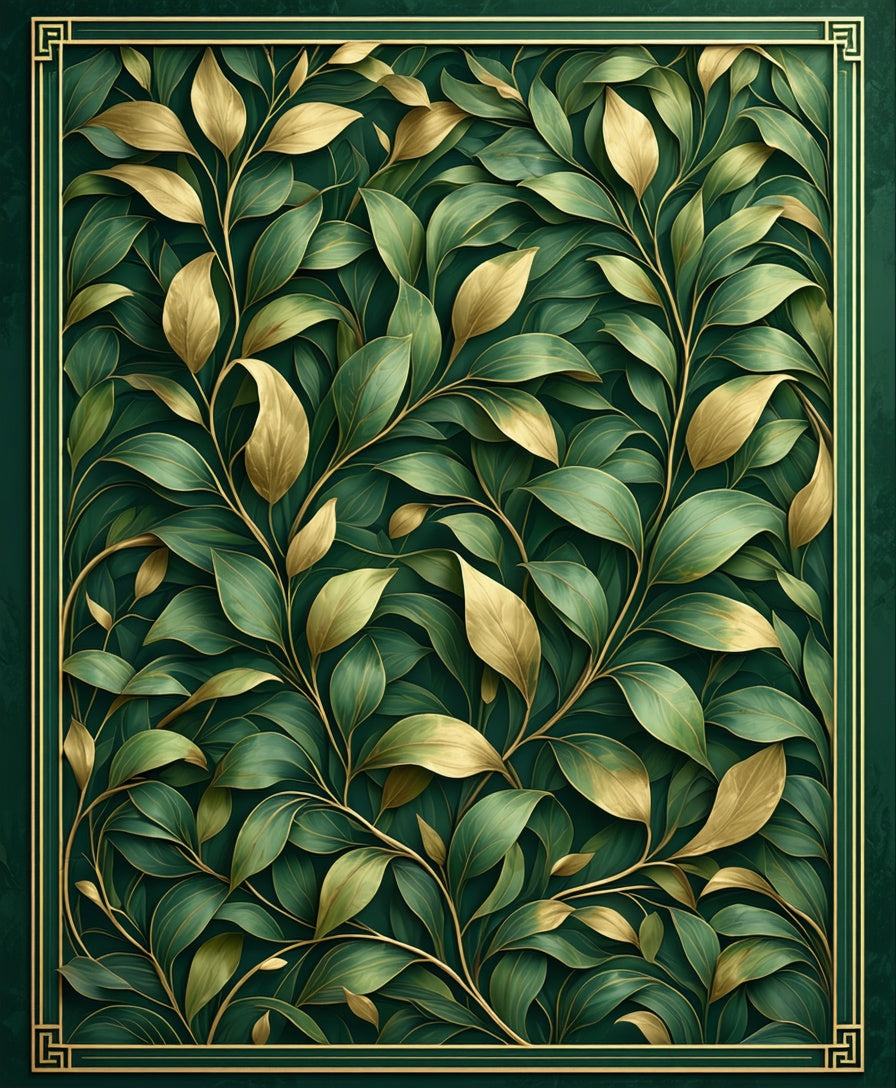 Dark Green Gold Leaf Botanical Pattern Rug