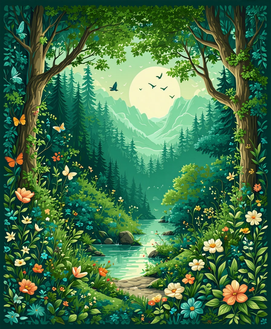 Whimsical Forest Meadow Scene Rug