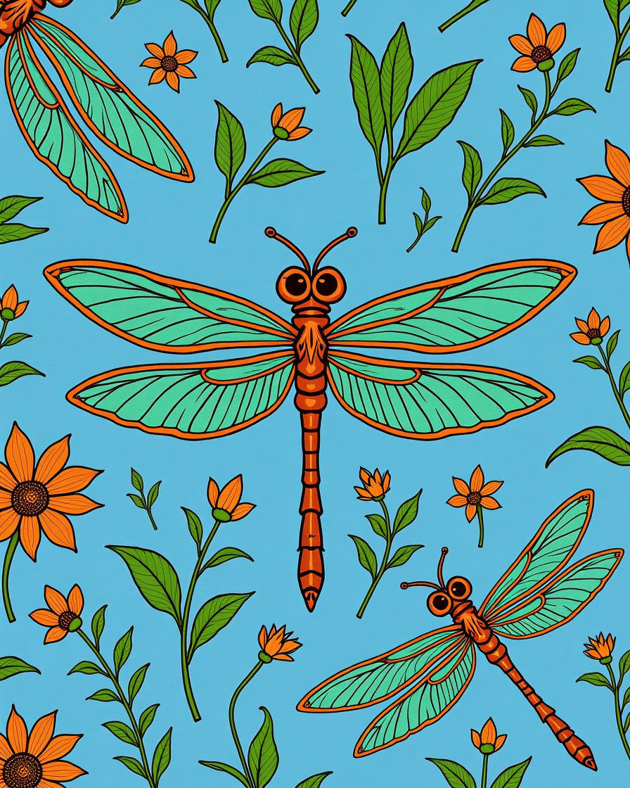 Orange Dragonfly Floral Illustration Blue Rug