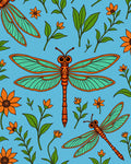 Orange Dragonfly Floral Illustration Blue Rug