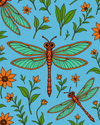 Orange Dragonfly Floral Illustration Blue Rug