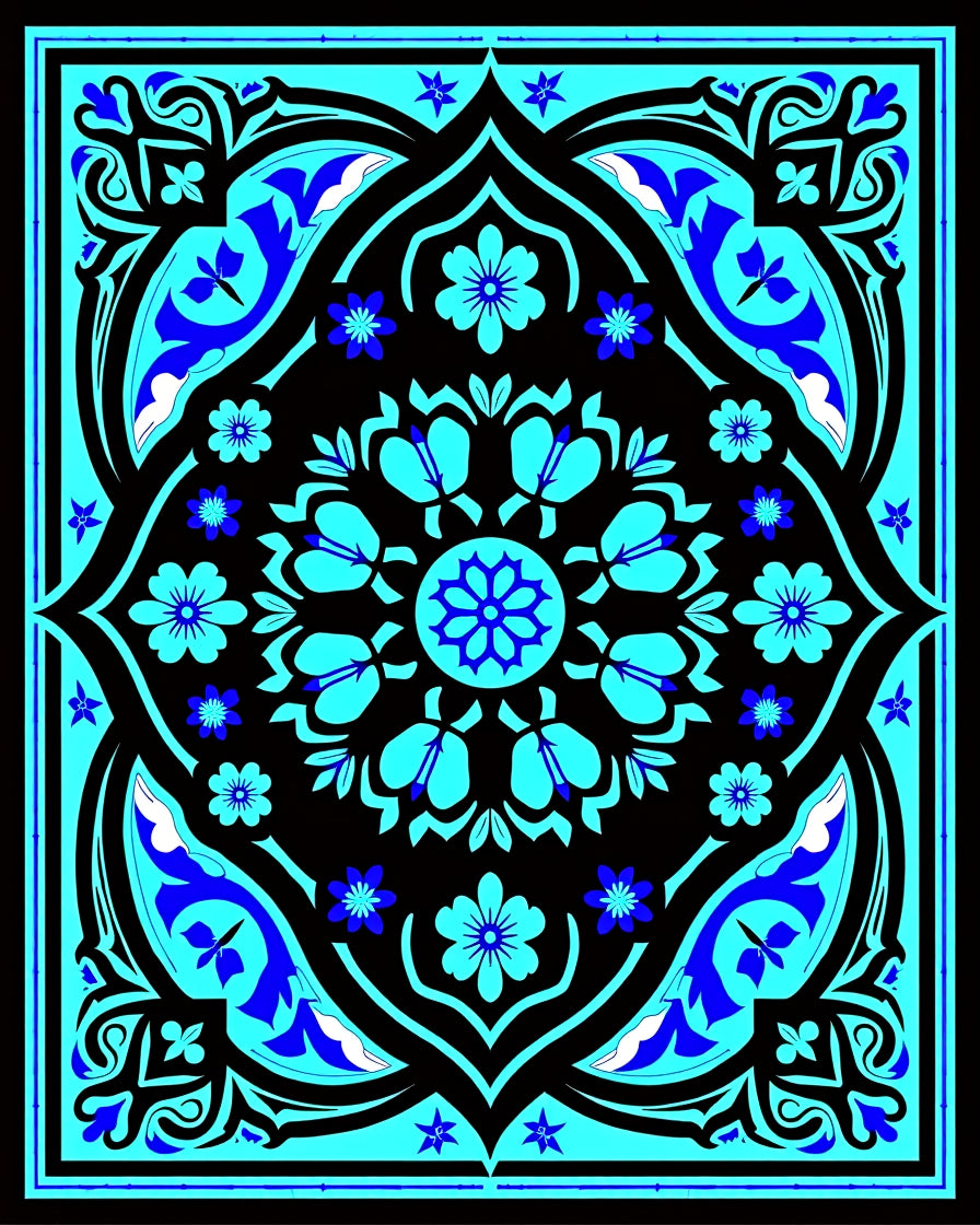 Vibrant Blue Black Floral Mandala Rug