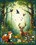 Whimsical Forest Animals Floral Woodland Scene Rug