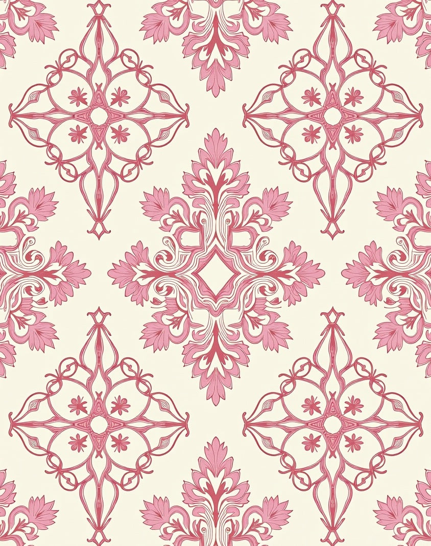Ornate Pink Floral Damask Pattern Rug