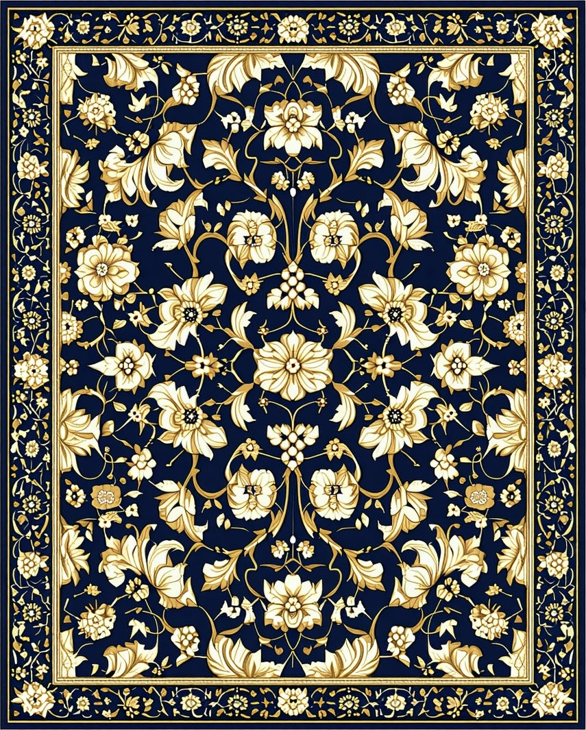 Classic Floral Botanical Navy Gold Rug