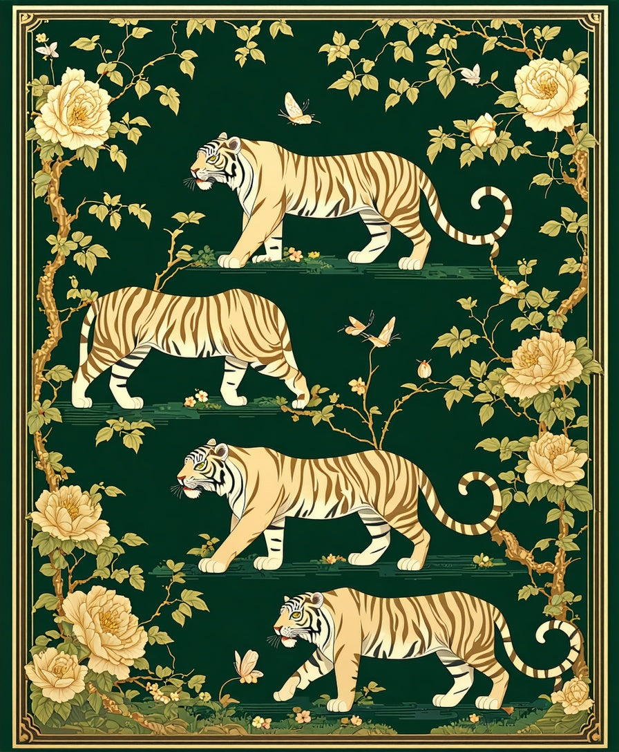 Four Tigers Floral Garden Design Rug