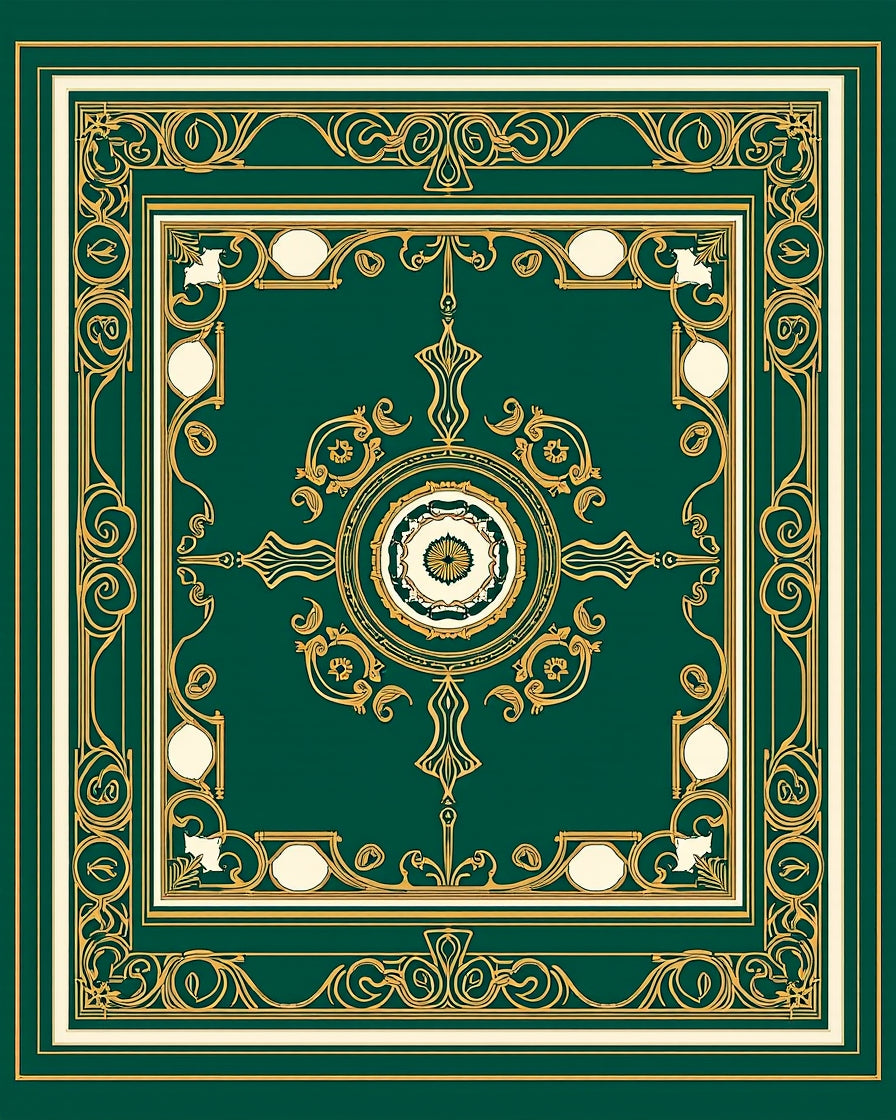 Green Gold Ornate Medallion Pattern Rug