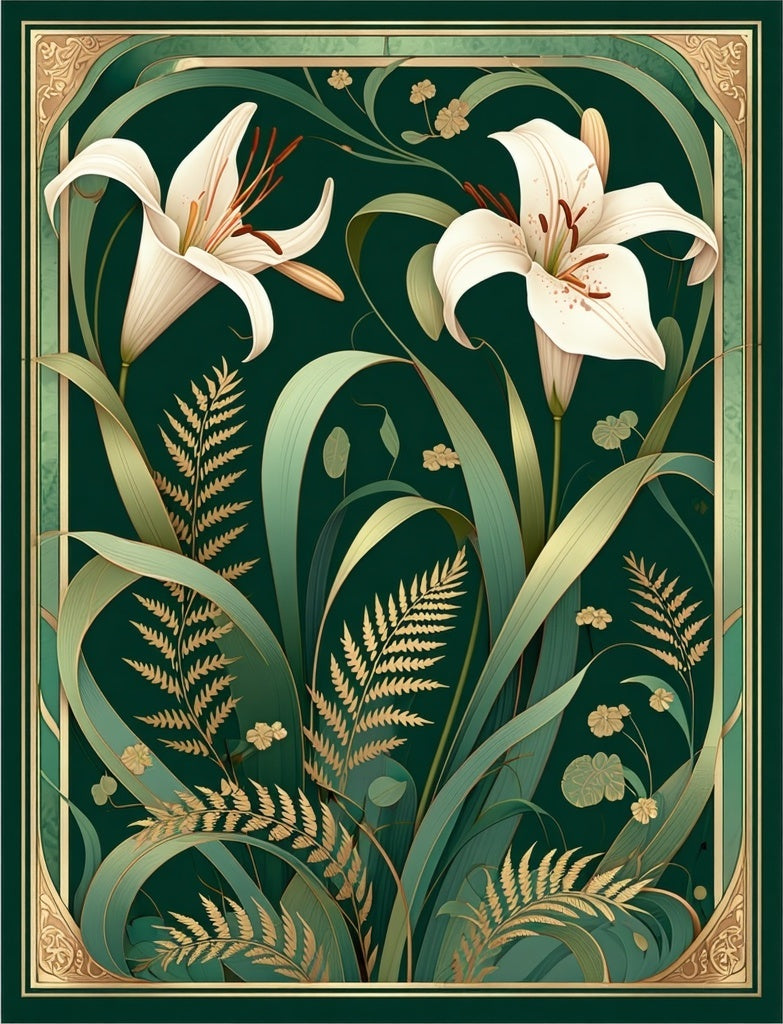 Elegant Lily Fern Botanical Art Rug