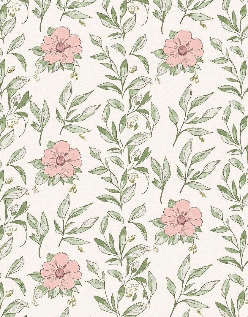 Delicate Pink Floral Leaf Pattern Rug