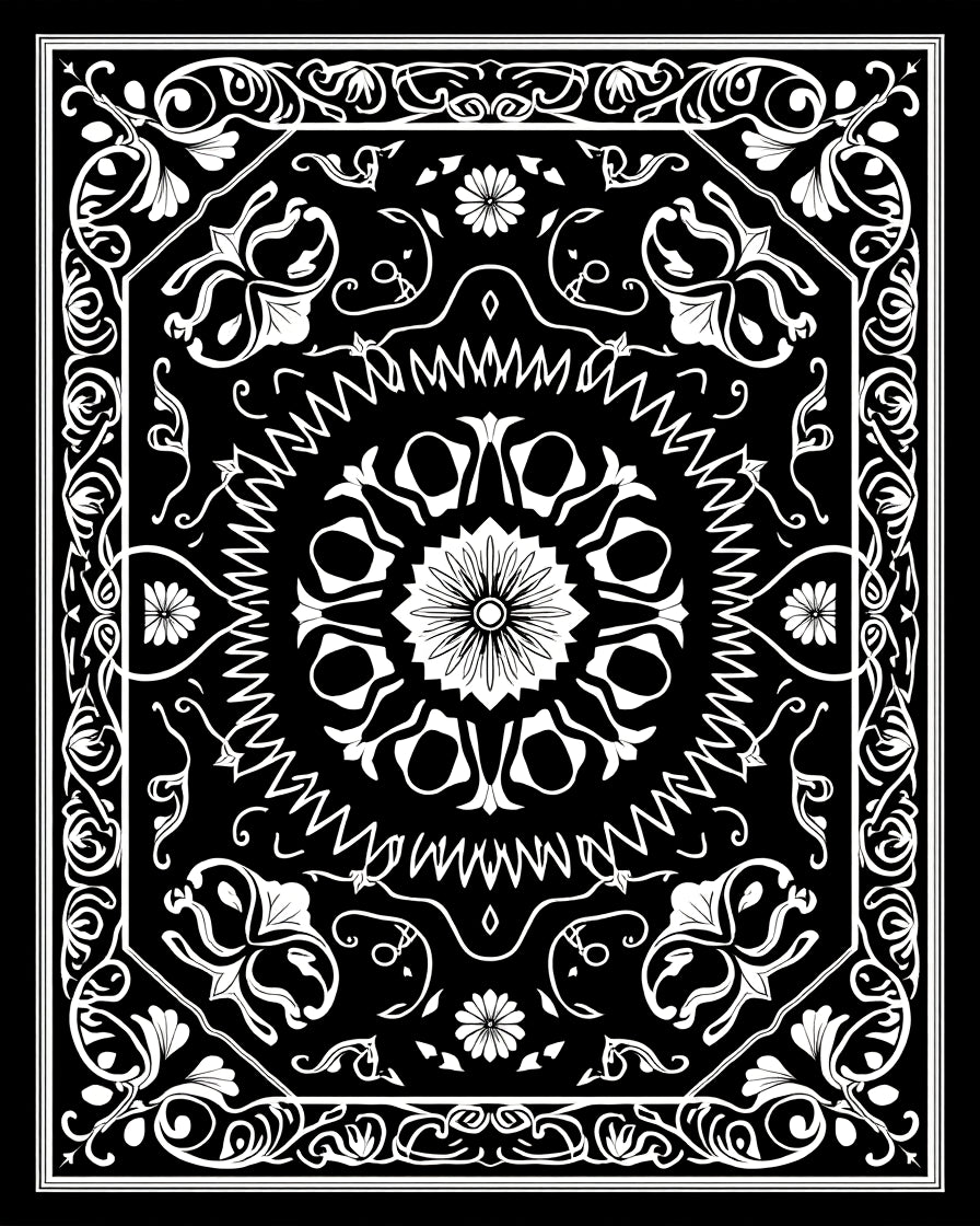 Ornate Floral Patterned Black White Rug