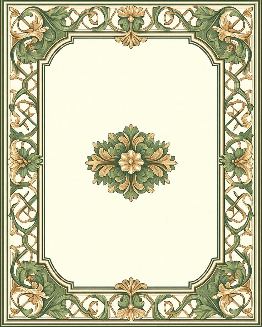 Elegant Green Gold Floral Border Rug