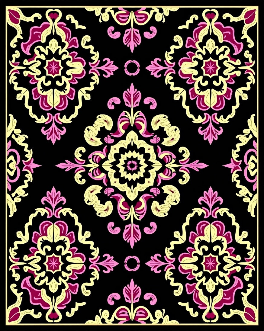 Floral Damask Pattern with Pink Yellow Rug