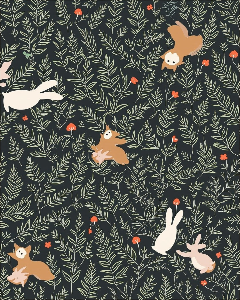 Forest Creatures Foliage Whimsical Pattern Rug