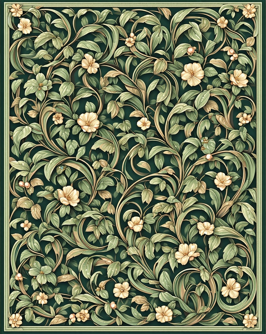 Deep Green Floral Vines Pattern Rug