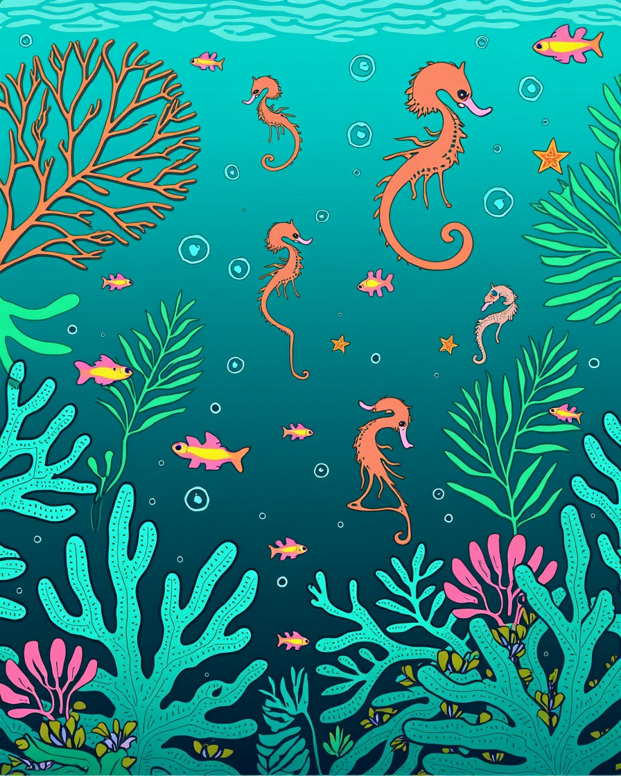 Whimsical Seahorse and Coral Reef Design Rug