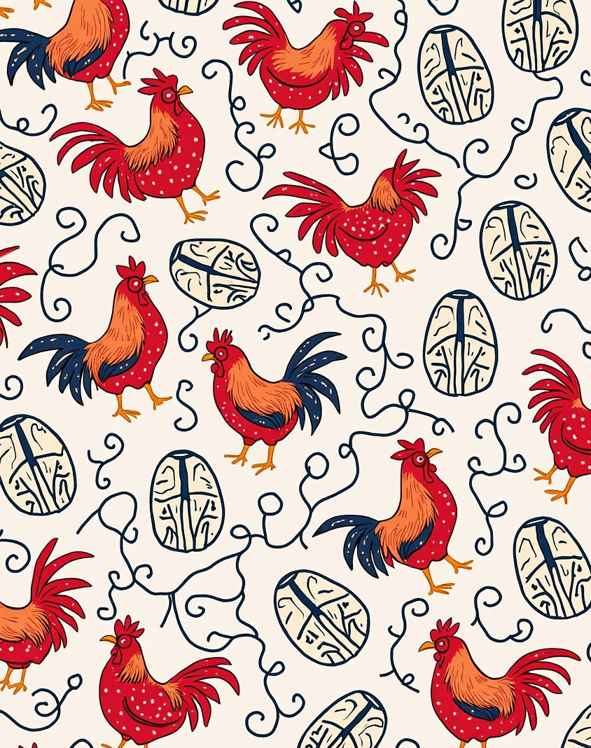 Rooster and Egg Whimsical Pattern Rug