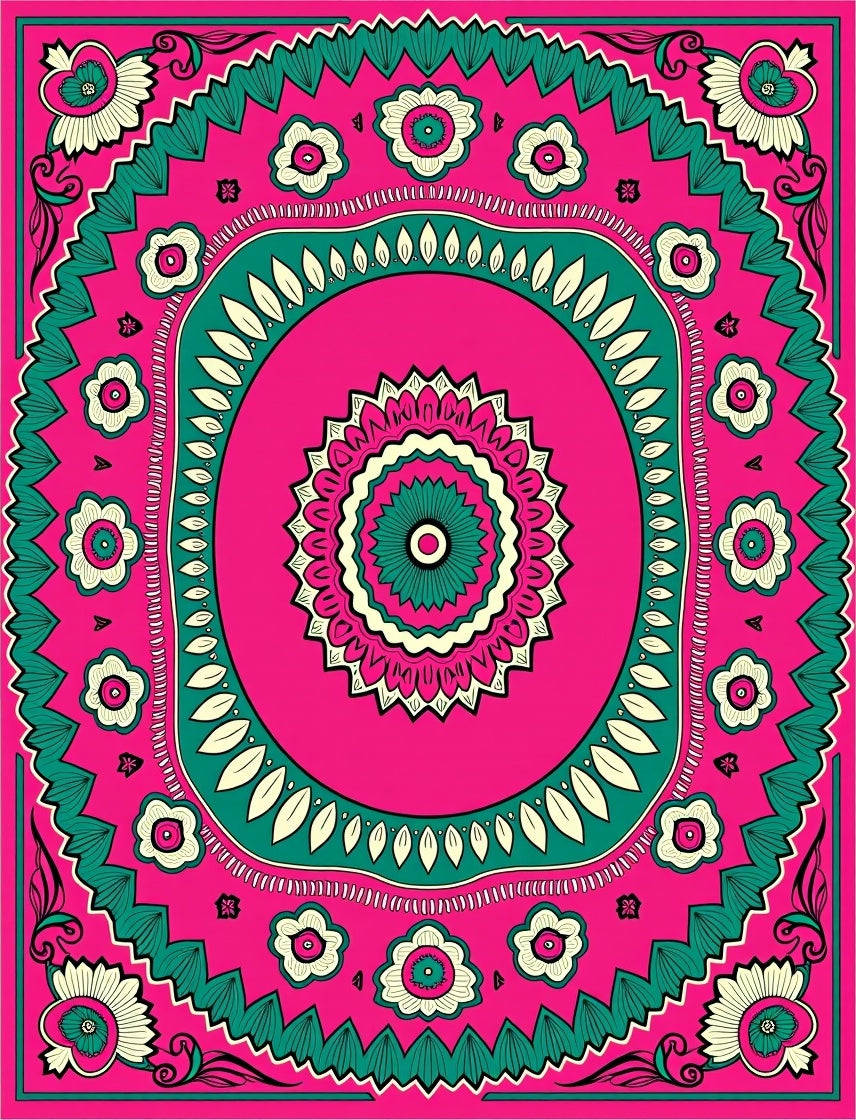 Vibrant Pink Teal Floral Mandala Rug