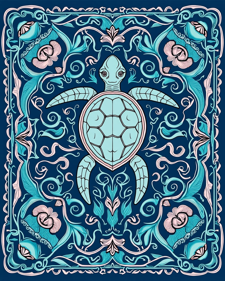 Whimsical Turtle Floral Scroll Design Rug
