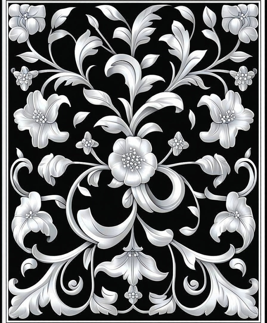 Black White Floral Acanthus Scroll Rug
