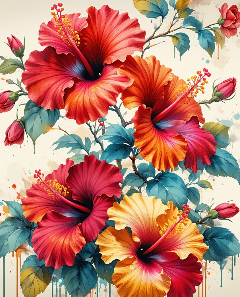 Vibrant Tropical Hibiscus Floral Print Rug