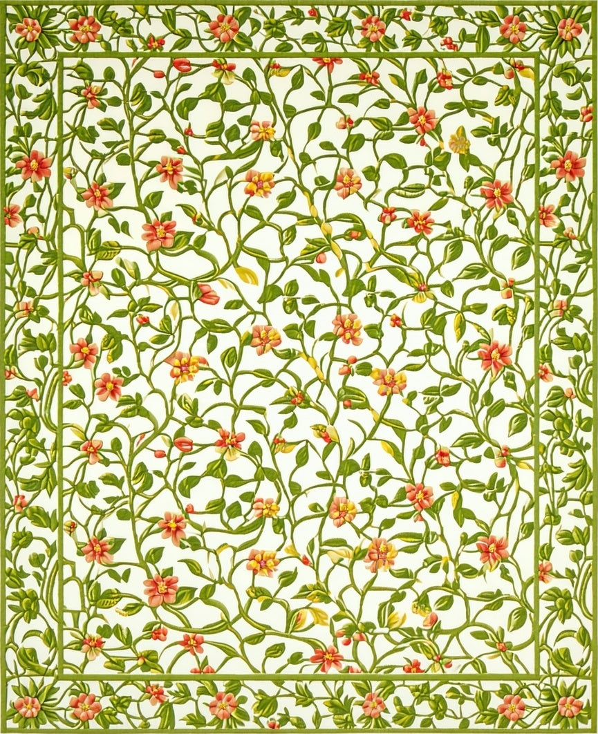 Vibrant Coral Green Floral Vine Pattern Rug