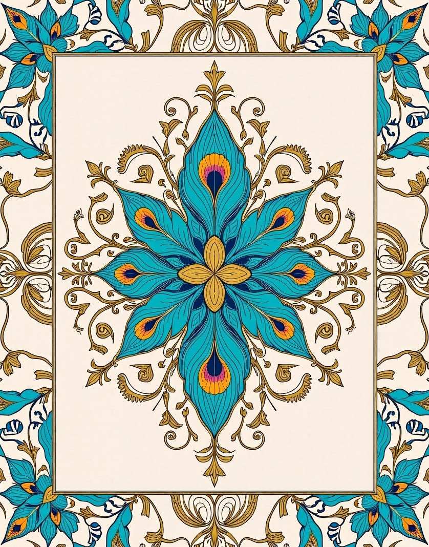 Ornate Peacock Feather Floral Medallion Rug