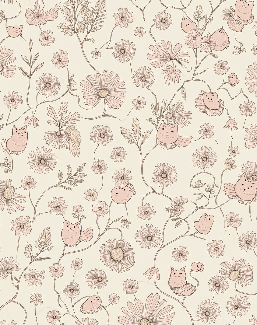 Whimsical Floral Cat Pattern Design Rug