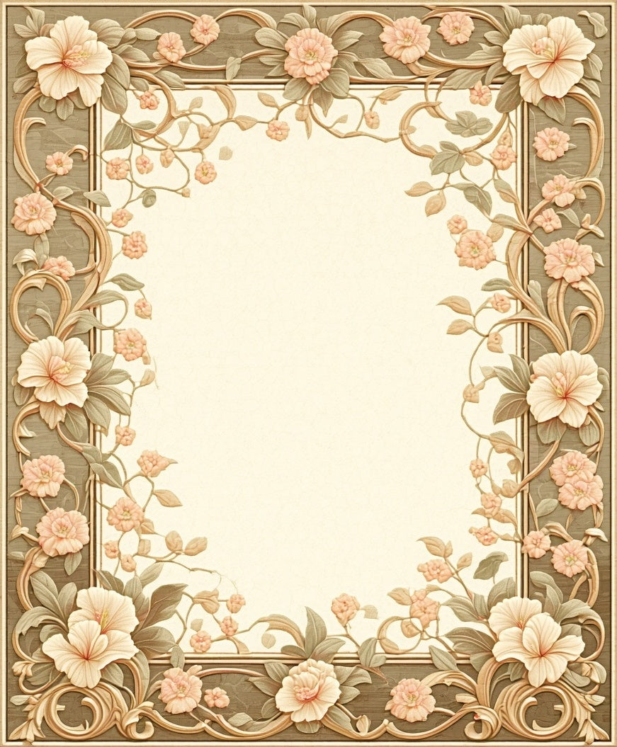 Soft Peach Floral Vine Border Rug