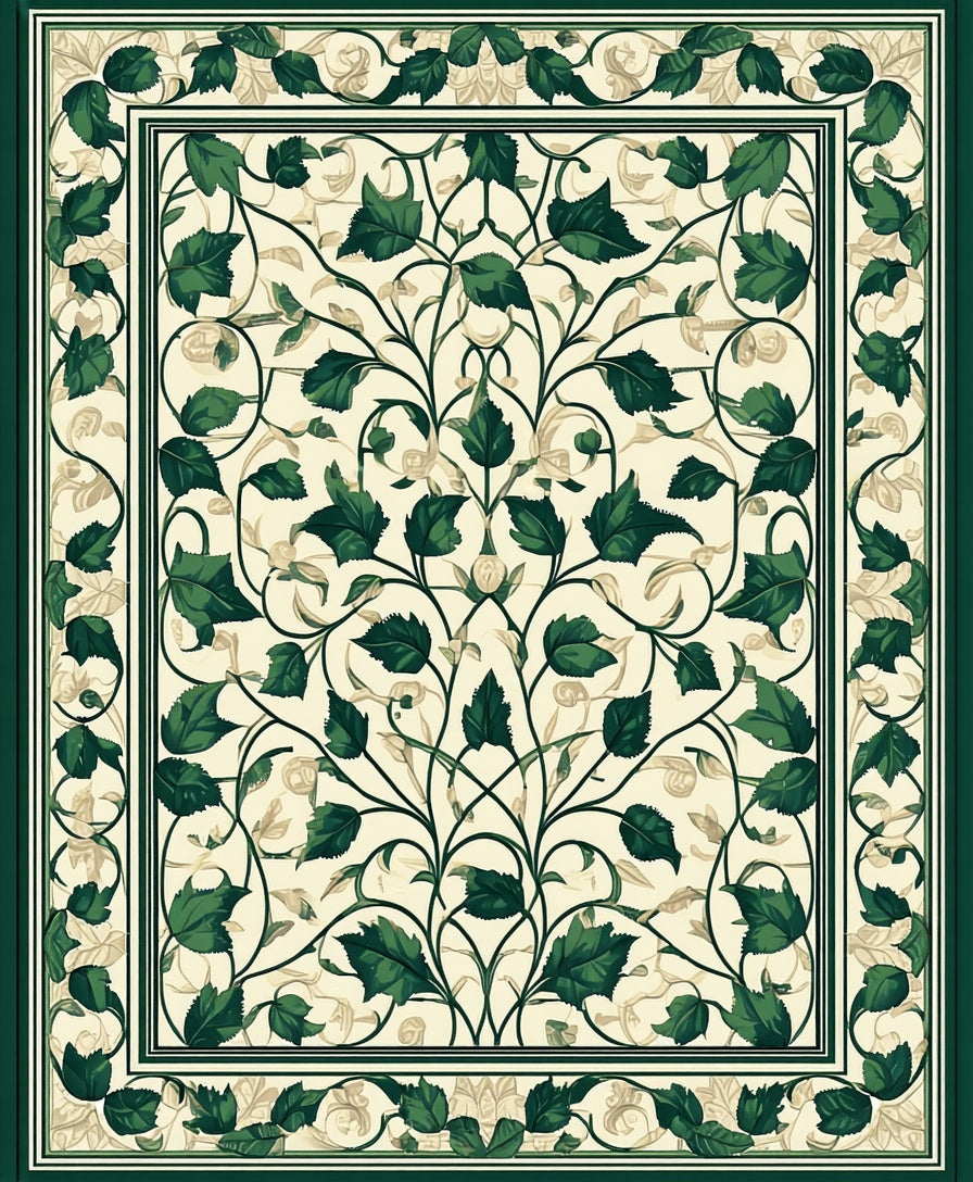 Ornate Green Leaf Botanical Pattern Rug