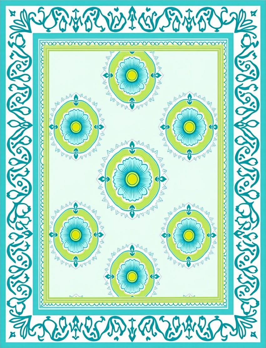 Aqua Teal Floral Medallion Border Rug