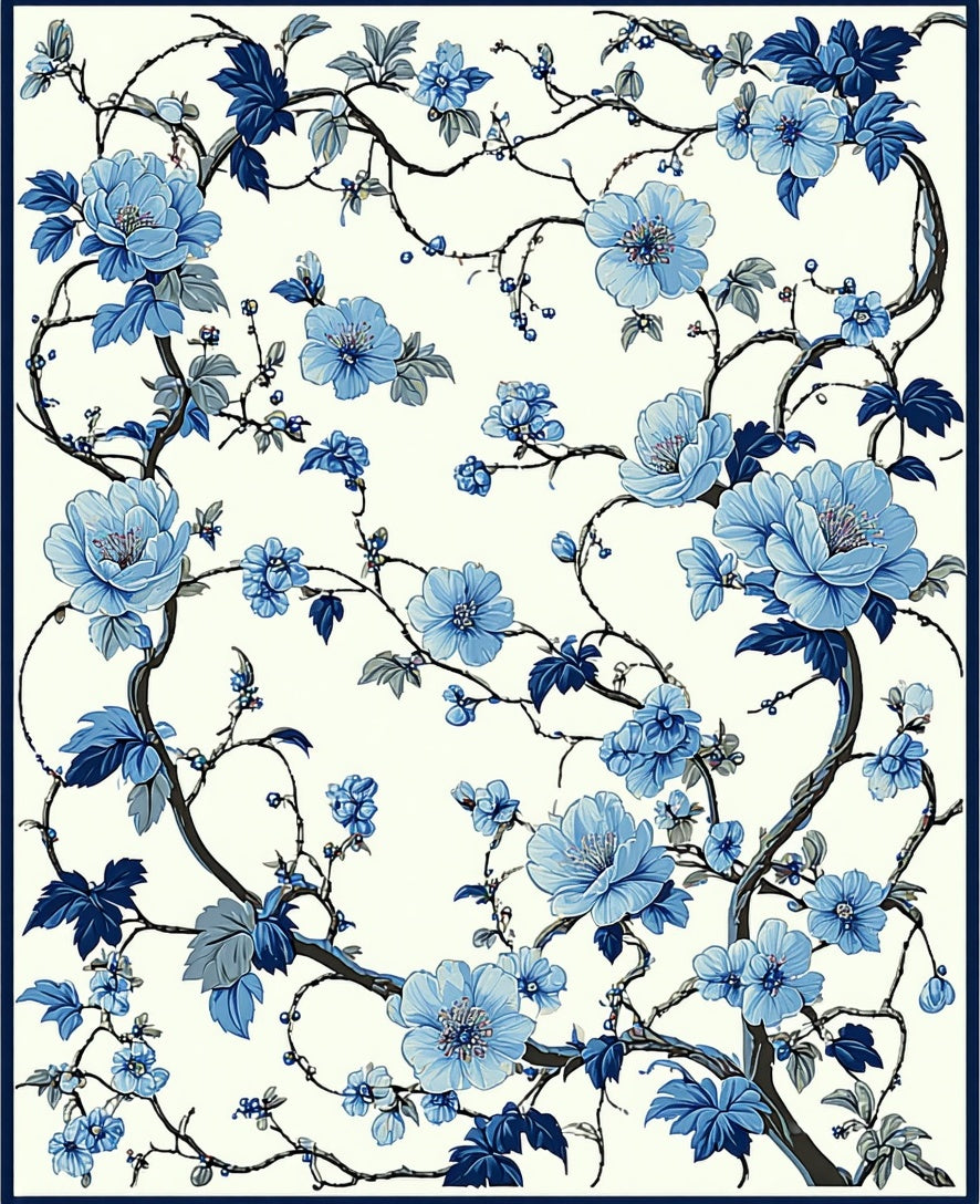 Blue Floral Branch Pattern Rug