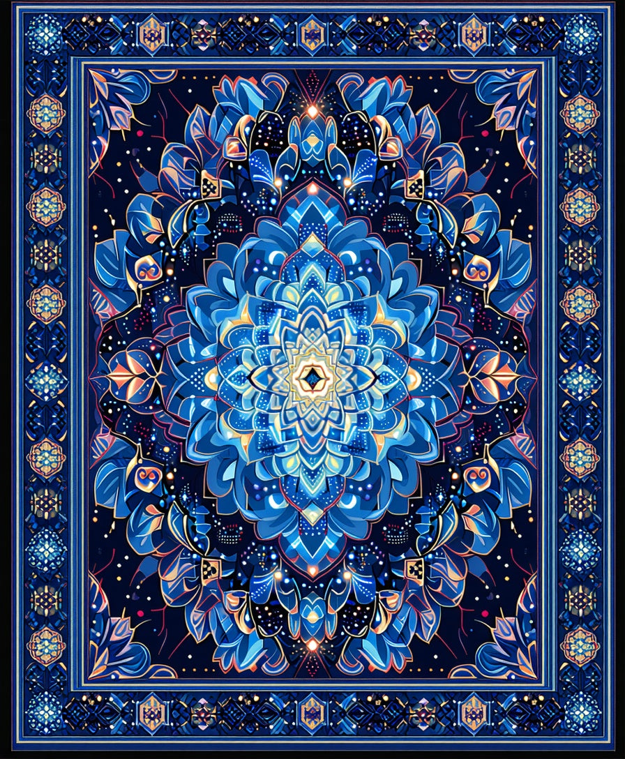 Intricate Blue Ornamental Mandala Rug