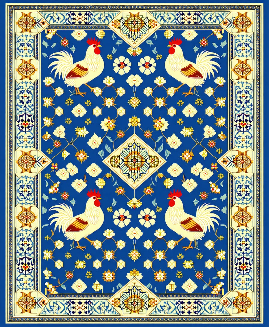 Roosters Floral Geometric Blue Rug