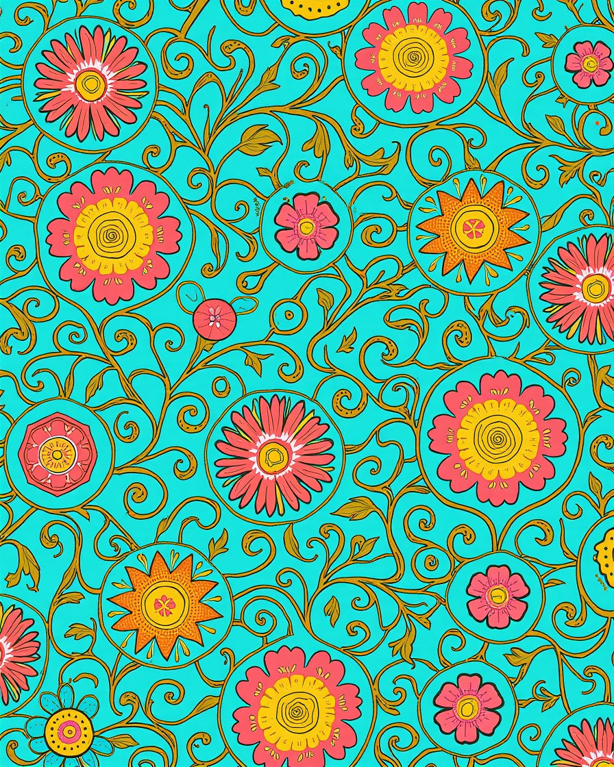 Retro Floral Medallion Teal Design Rug