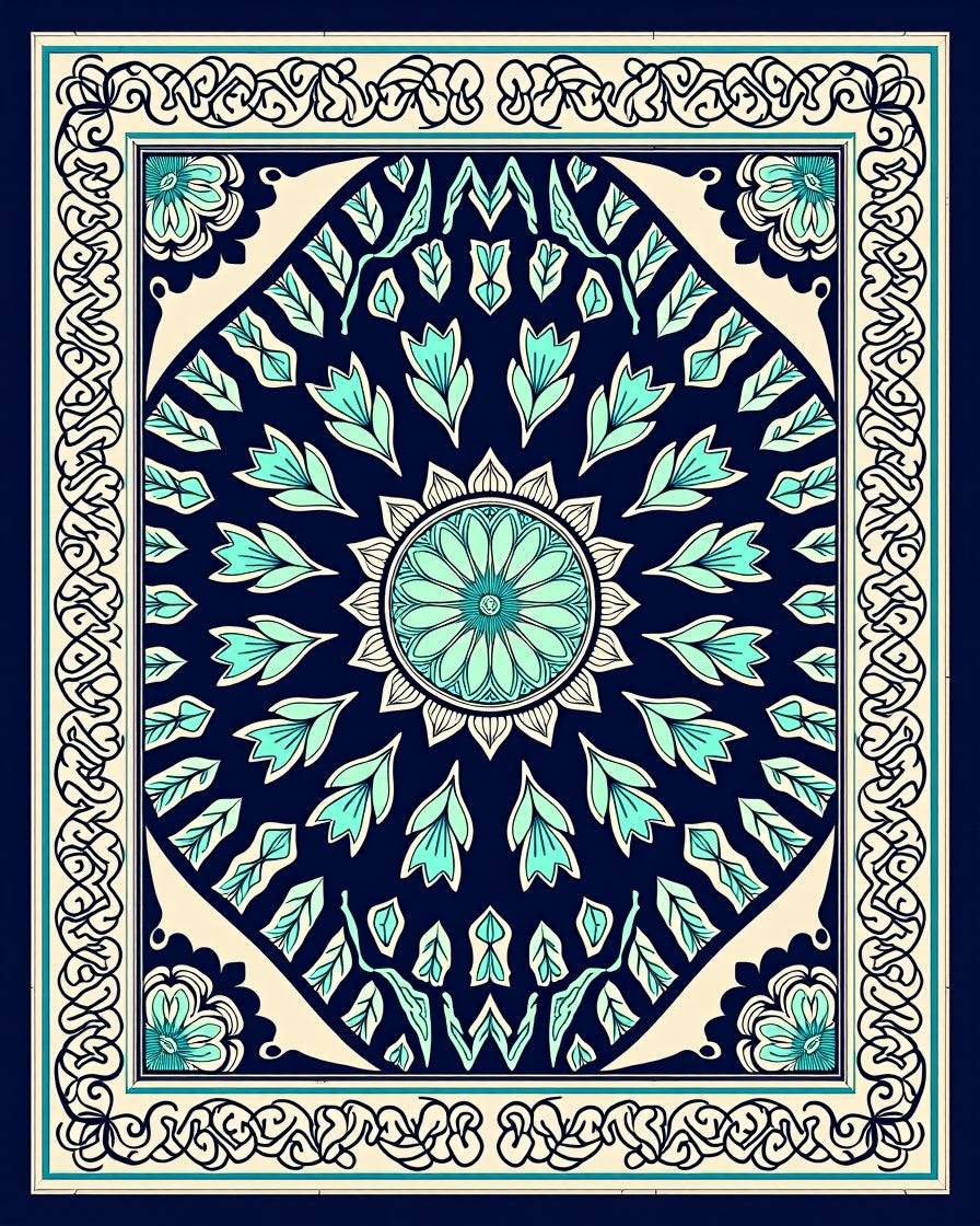 Navy Teal Floral Medallion Border Rug